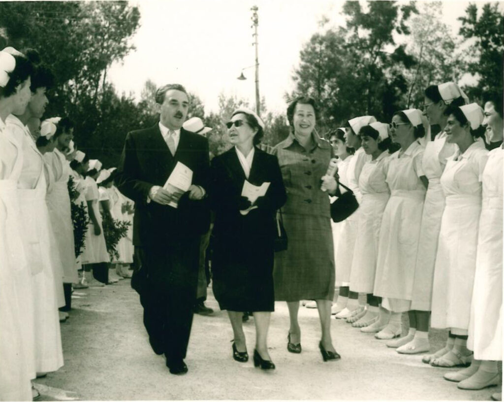 Opening of JBH in 1955 with Prime Minister, Moshe Sharett, and his wife Rosa Ginossar with nurses from Mothercraft Training Centre